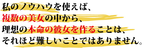 私のノウハウを使えば、複数の美女の中から、理想の本命の彼女を作ることは、
        それほど難しいことではありません。 